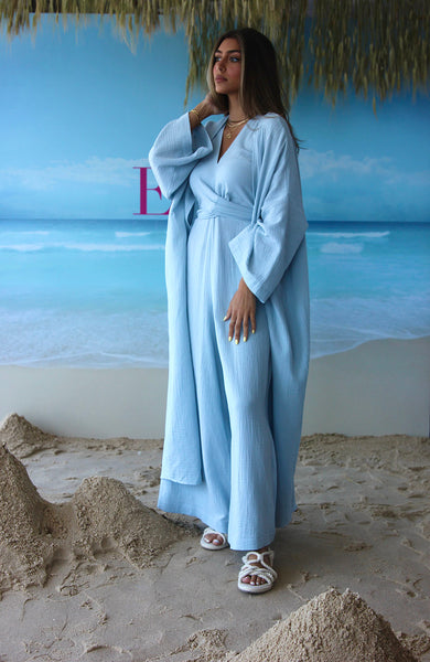 Wide Leg Jumpsuit with Front Twisted Tie comes with Long Bisht Coverups