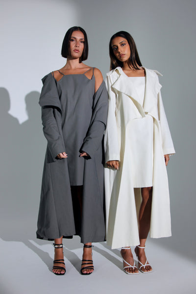 Strap cotton dress with long trench coat