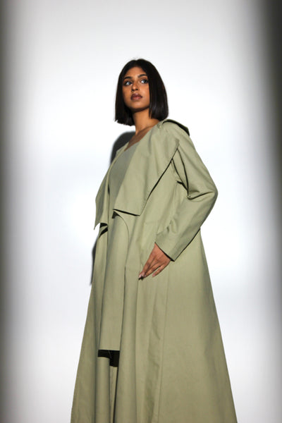 Strap cotton dress with long trench coat