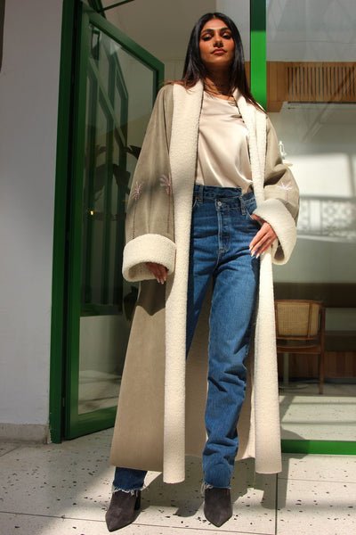 Suede shearling bisht with embroidery