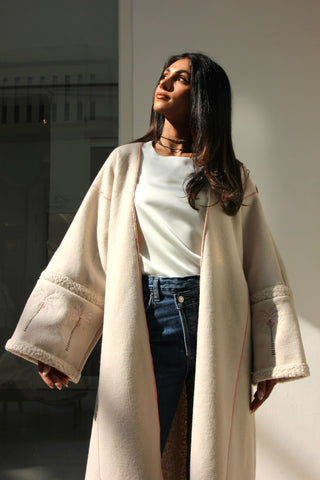 Shearling bisht with embroidery